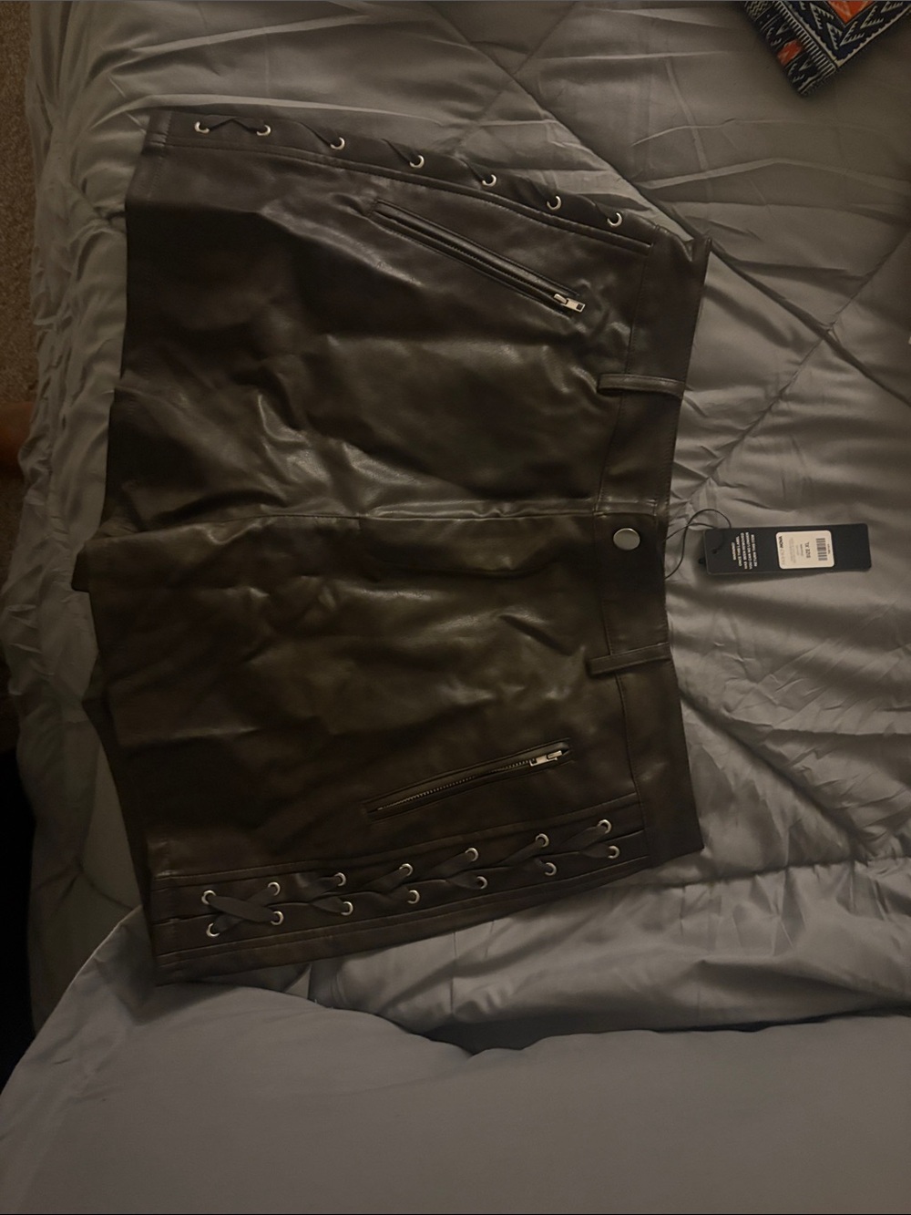Faux Leather Mini Skirt with Lace-Up Detail - Chocolate